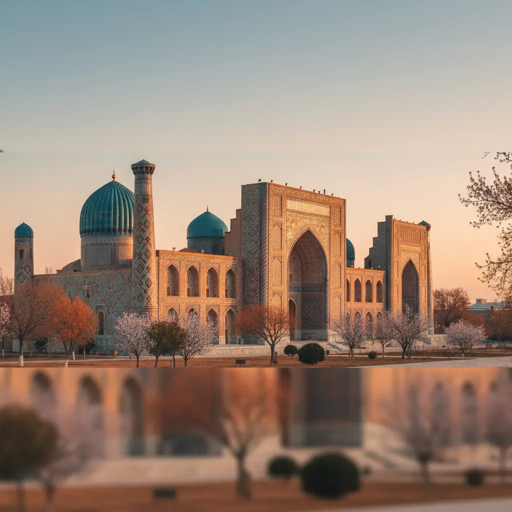 Samarkand’s Registan domes glowing at golden hour across the seasons.