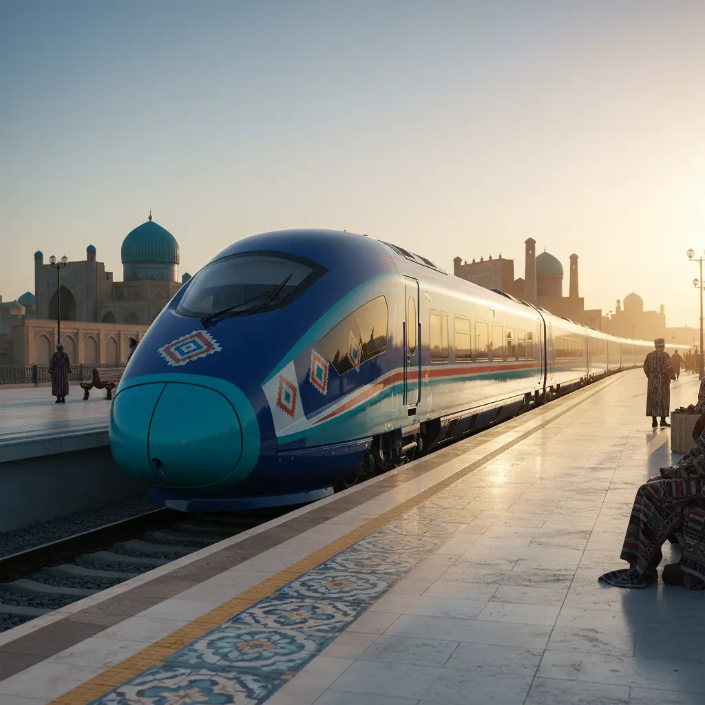 A sleek high-speed train at a platform with rails toward a domed skyline.