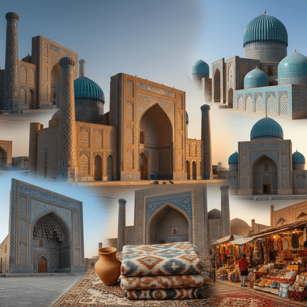 Samarkand's turquoise Timurid domes and madrasah portals above a market stall and ikat textiles.