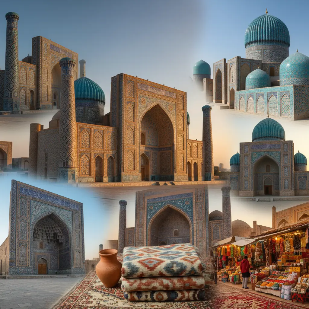 Samarkand's turquoise Timurid domes and madrasah portals above a market stall and ikat textiles.