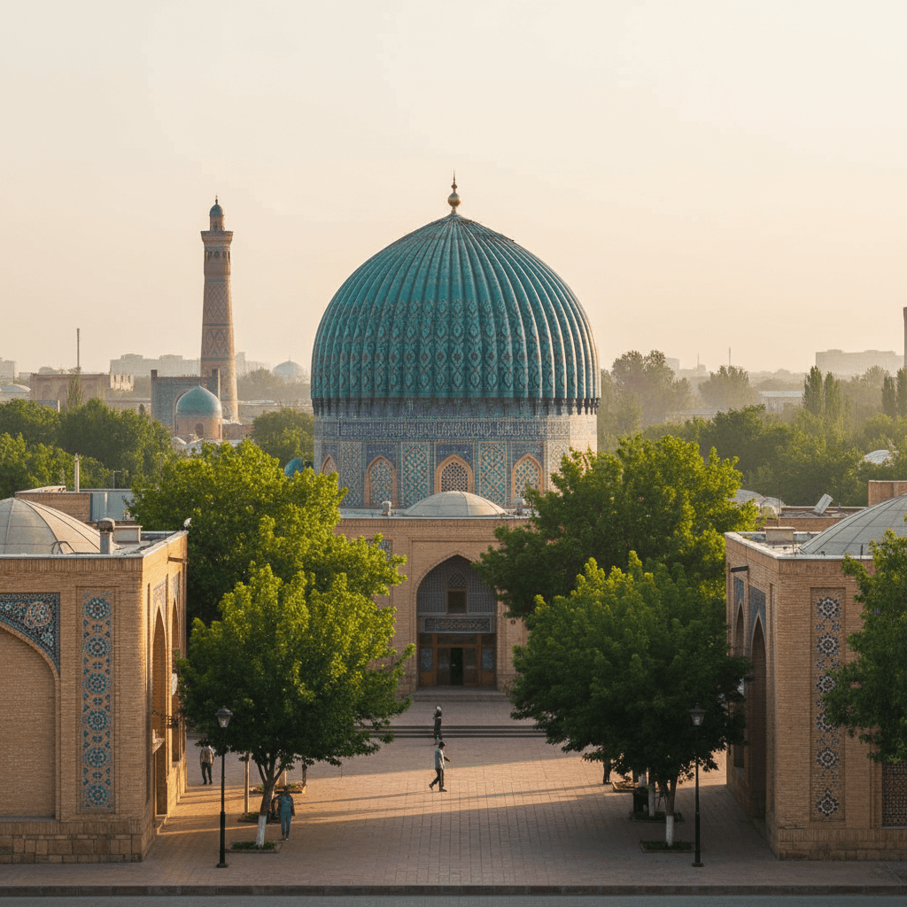 The turquoise dome of Chorsu Bazaar over a leafy Tashkent square at golden hour.