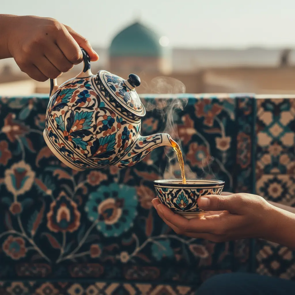 Tea poured from a painted choynak teapot into a piyola bowl at a choyxona.