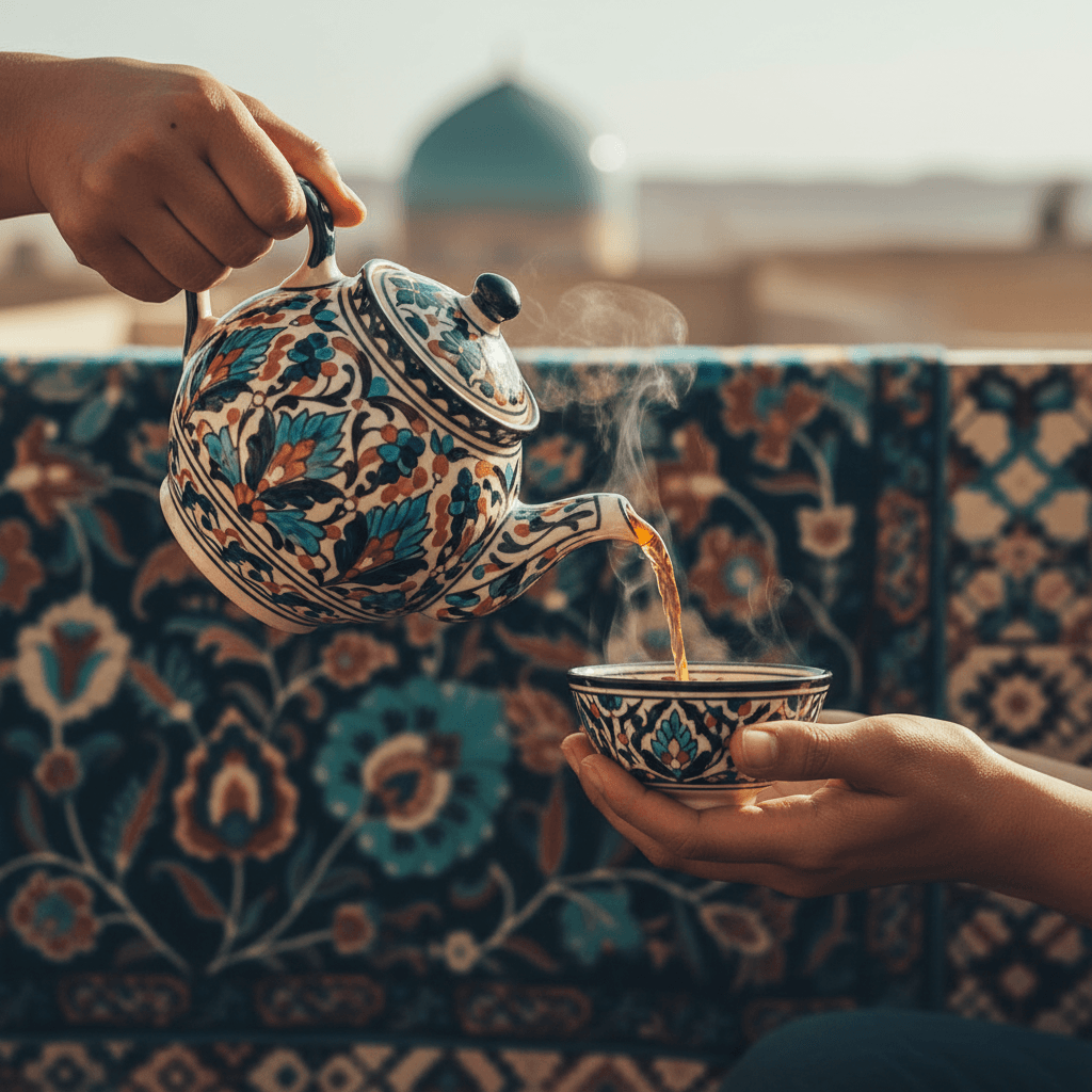 Tea poured from a painted choynak teapot into a piyola bowl at a choyxona.