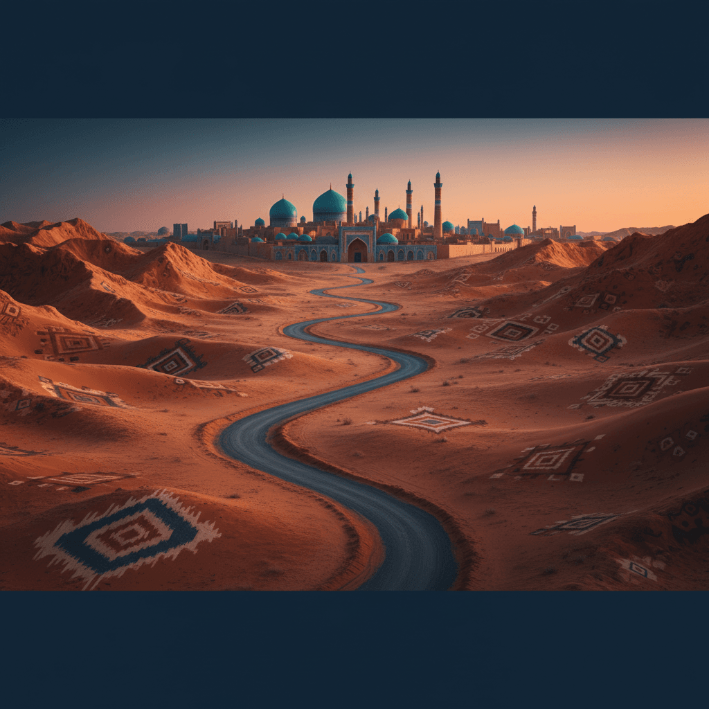 A desert road winding toward a Silk Road skyline of turquoise domes.