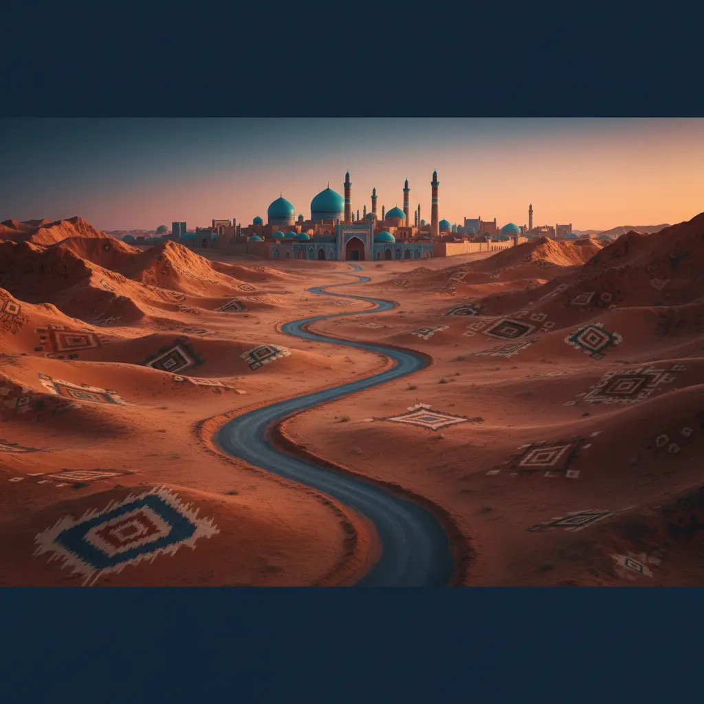 A desert road winding toward a Silk Road skyline of turquoise domes.