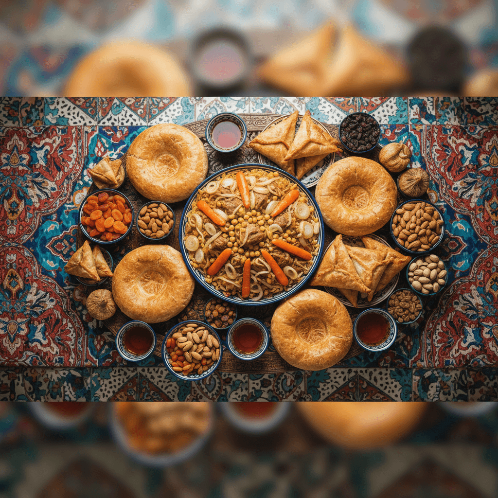 An overhead spread of plov, non bread, samsa and tea; Uzbek cuisine.