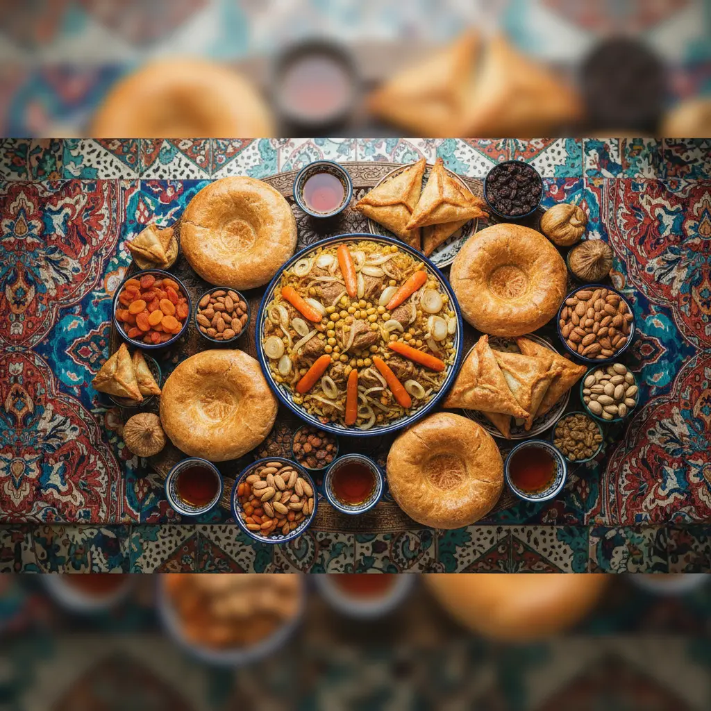An overhead spread of plov, non bread, samsa and tea; Uzbek cuisine.