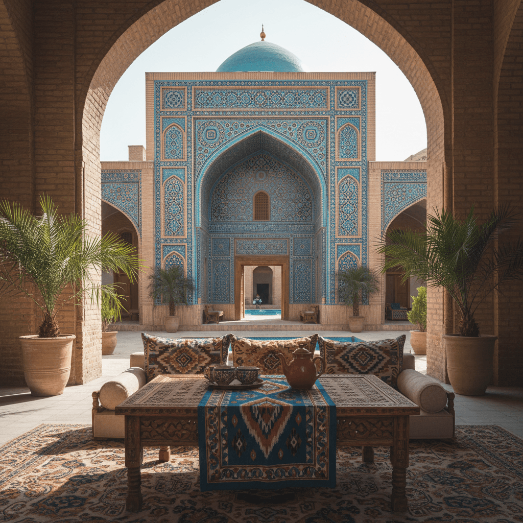 Courtyard of a restored-madrasa boutique hotel in Uzbekistan, with a tiled blue dome, cushioned seating, and a teapot on a carved low table.