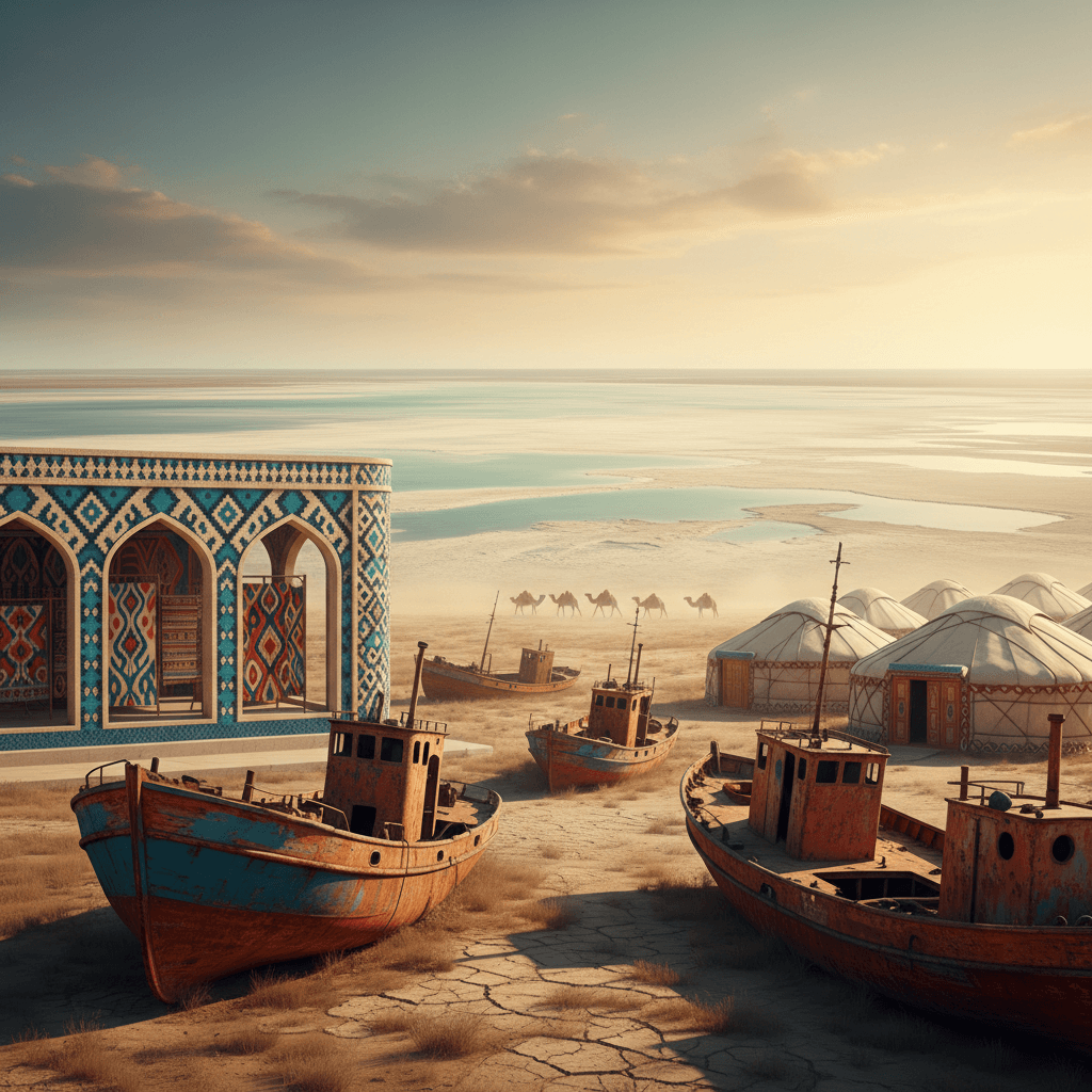 Rusting fishing boats stranded on cracked seabed near Moynaq, with yurts and a tiled facade under a warm desert sky.