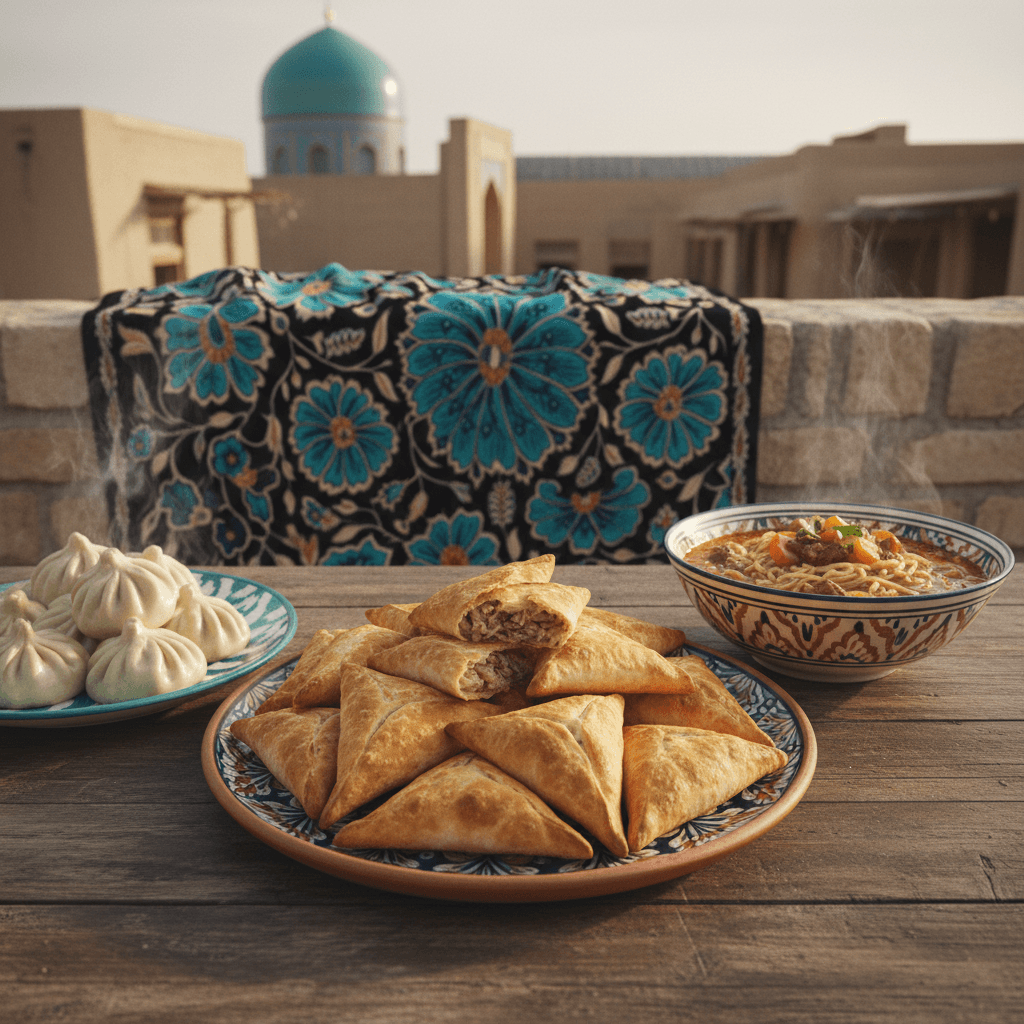 A plate of golden triangular samsa beside steamed white manti and a bowl of lagman on an ikat cloth, a turquoise-domed skyline behind.