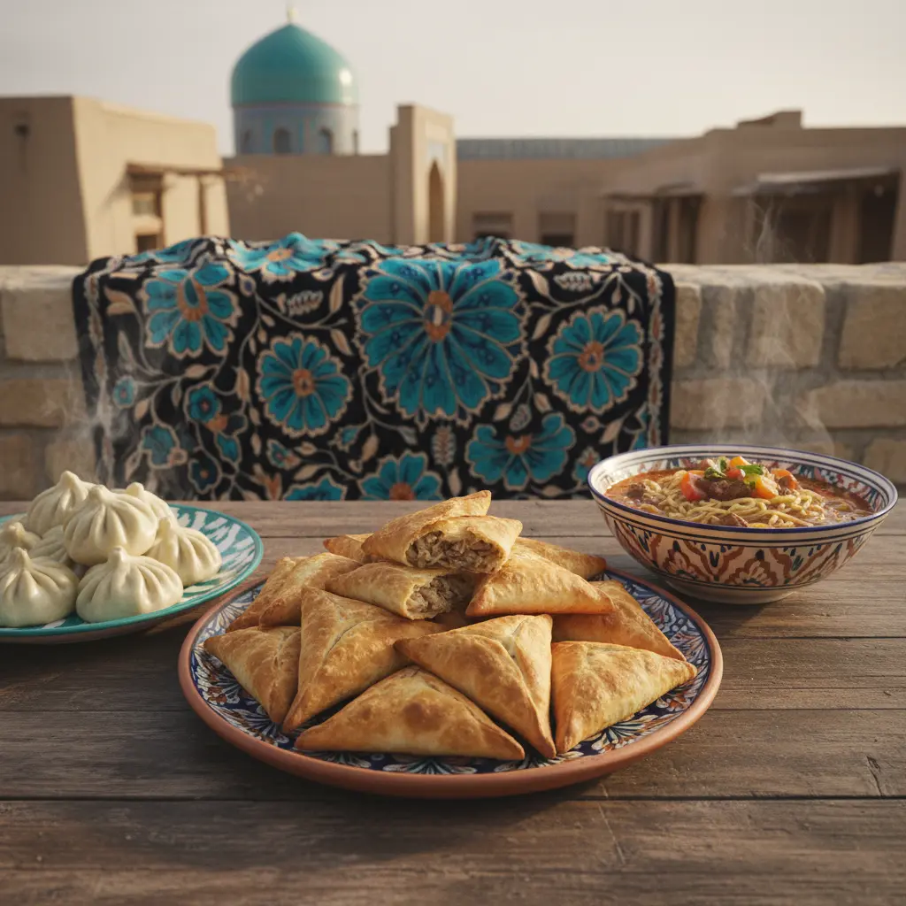 A plate of golden triangular samsa beside steamed white manti and a bowl of lagman on an ikat cloth, a turquoise-domed skyline behind.
